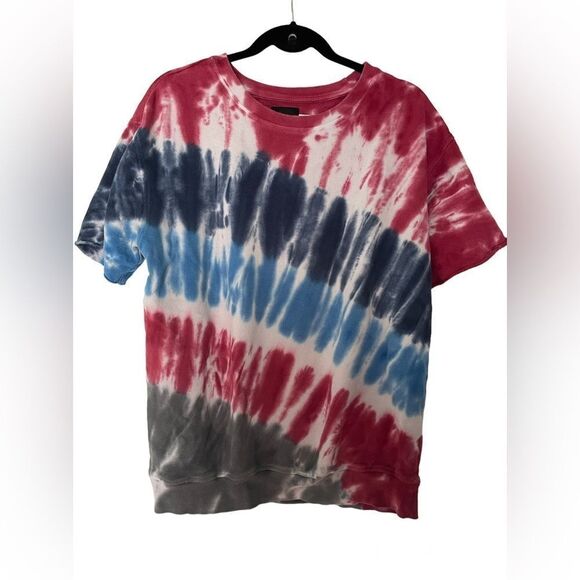 BDG Urban Outfitters Tie Dye Red White and Blue Short Sleeve Sweatshirt M USA - Picture 1 of 4